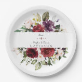 Waterverf Burgundy Blush Flowers Lijst Weddenschap Papieren Bordje (Voorkant)