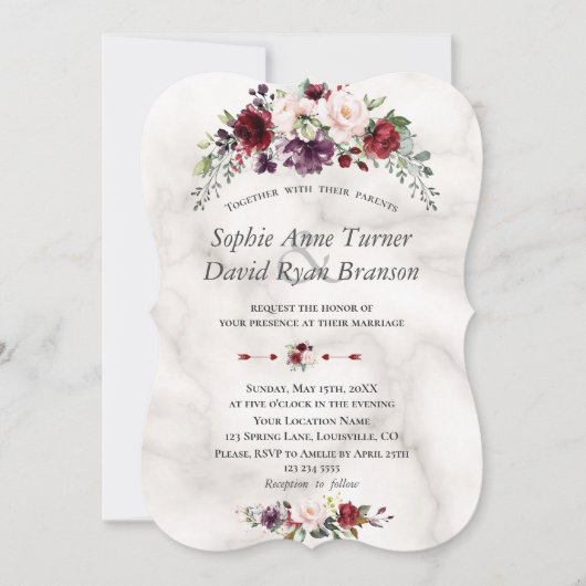 Waterverf Burgundy Blush Flowers Marble Wedding Kaart (Voorkant)
