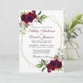 Waterverf Burgundy Boho Floral Gold Lijst Wedding Kaart (Staand voorkant)