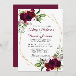Waterverf Burgundy Boho Floral Gold Lijst Wedding Kaart