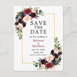 Waterverf Burgundy en Blue Floral Save the Date Briefkaart