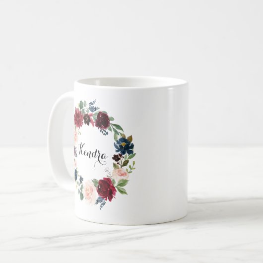 Waterverf Burgundy en Blue Floral Wreath Autumn Koffiemok (Voorkant links)