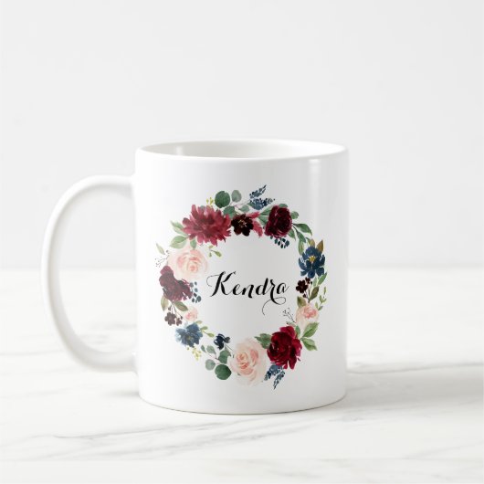 Waterverf Burgundy en Blue Floral Wreath Autumn Koffiemok (Links)