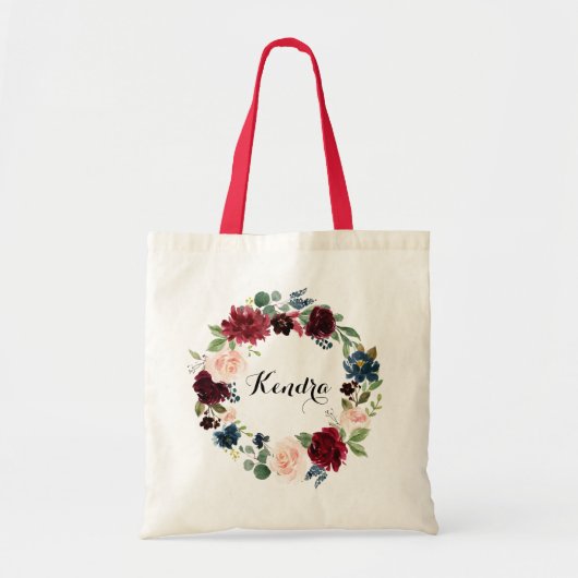 Waterverf Burgundy en Blue Floral Wreath Autumn Tote Bag (Voorkant)