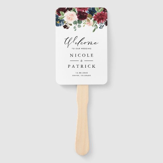 Waterverf Burgundy en Blue Flowers Wedding Handwaaier (Voorkant)