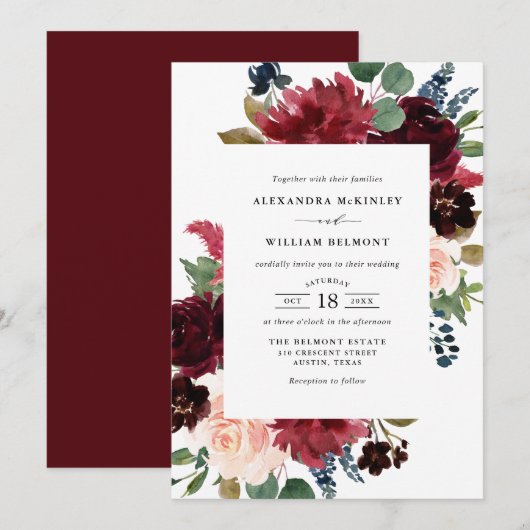 Waterverf Burgundy en Blue Flowers Wedding Kaart (Voorkant / Achterkant)