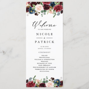 Waterverf Burgundy en Blue Flowers Wedding Programmakaart