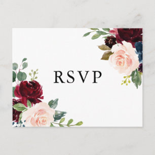 Waterverf Burgundy en Blue Flowers Wedding RSVP Briefkaart