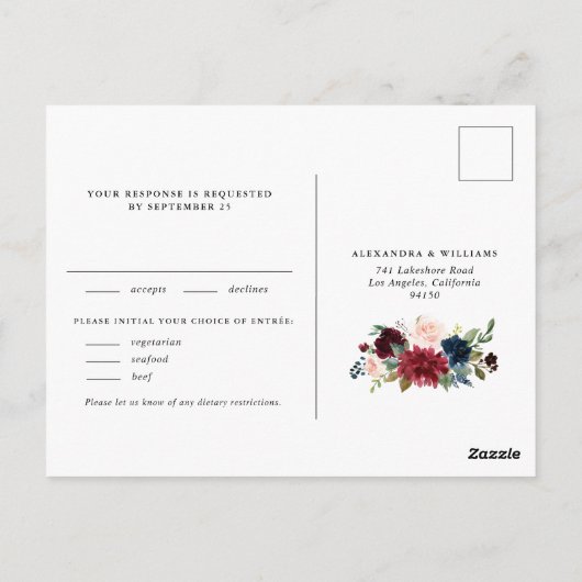 Waterverf Burgundy en Blue Flowers Wedding RSVP Briefkaart (Achterkant)