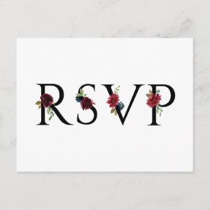 Waterverf Burgundy en Blue Flowers Wedding RSVP Briefkaart