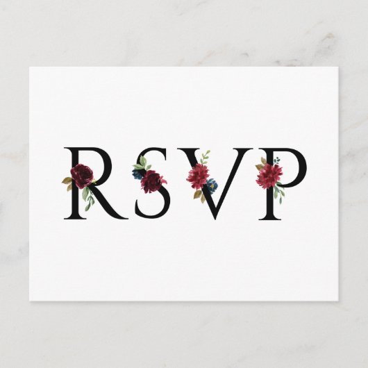 Waterverf Burgundy en Blue Flowers Wedding RSVP Briefkaart (Voorkant)