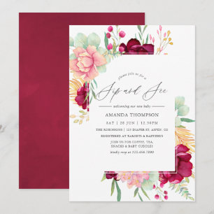Waterverf Burgundy en Blush Floral Sip en Zie Kaart
