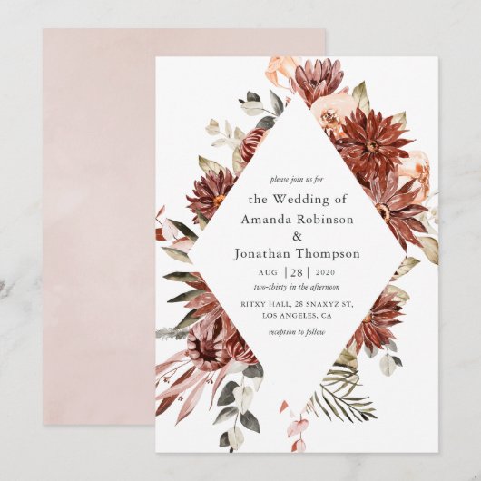 Waterverf Burgundy en Blush Floral Wedding Kaart (Voorkant / Achterkant)