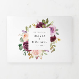 Waterverf Burgundy en Blush Florals Fall Wedding Drieluik Uitnodiging