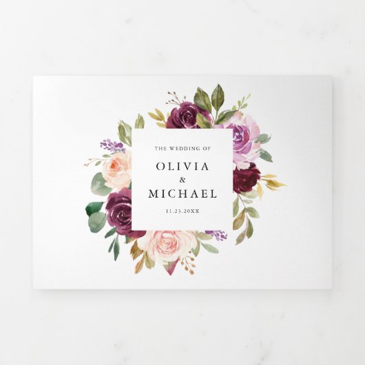 Waterverf Burgundy en Blush Florals Fall Wedding Drieluik Uitnodiging (Cover)