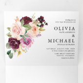 Waterverf Burgundy en Blush Florals Fall Wedding Drieluik Uitnodiging (Binnenzijde eerst)