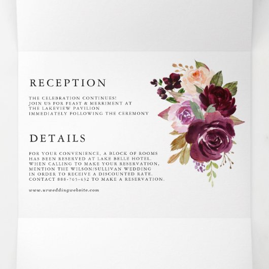 Waterverf Burgundy en Blush Florals Fall Wedding Drieluik Uitnodiging (Binnenkant midden)