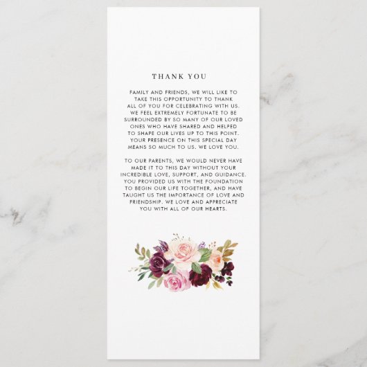 Waterverf Burgundy en Blush Herfst Floral Wedding Programmakaart (Achterkant)