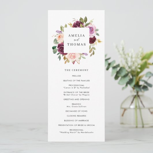 Waterverf Burgundy en Blush Herfst Floral Wedding Programmakaart (Staand voorkant)