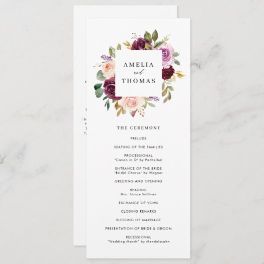 Waterverf Burgundy en Blush Herfst Floral Wedding Programmakaart (Voorkant / Achterkant)