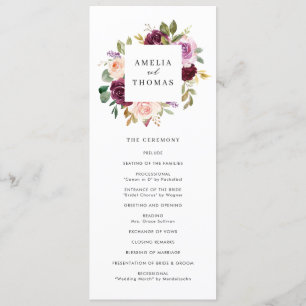 Waterverf Burgundy en Blush Herfst Floral Wedding Programmakaart