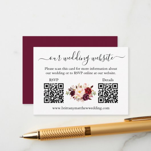 Waterverf Burgundy Floral 2 QR RSVP - Gegevens Informatiekaartje (Voorkant / Achterkant in situ)
