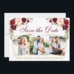 Waterverf Burgundy Floral 3 Foto Gold Save The Date<br><div class="desc">Moderne Elegant Waterverf Burgundy Floral 3 Foto Save the Date Wedding Announcement Kaart omvat onder meer bruine rozen,  roze blush rozen,  rode rozen en botanische groen. Gold Script.</div>