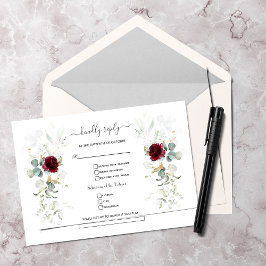 Waterverf Burgundy Floral Airy Leaves Wedding RSVP Kaartje