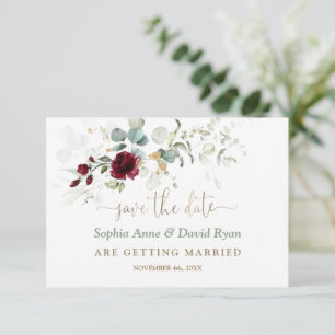 Waterverf Burgundy Floral Airy Leaves Wedding Save The Date