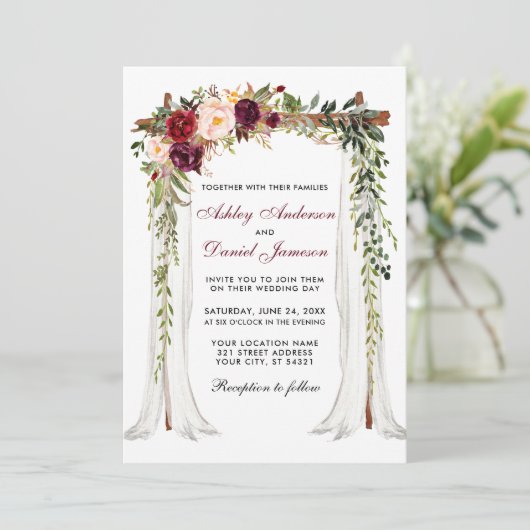 Waterverf Burgundy Floral Arch Kaart (Staand voorkant)