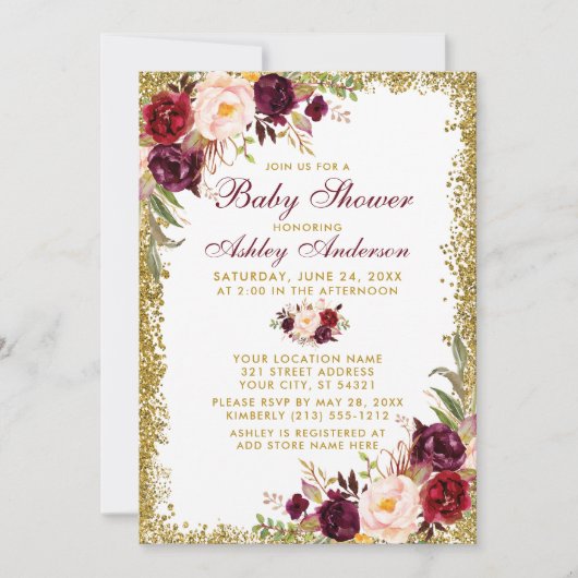 Waterverf Burgundy Floral Baby shower Glitter Kaart (Voorkant)