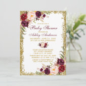 Waterverf Burgundy Floral Baby shower Glitter Kaart (Staand voorkant)