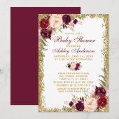 Waterverf Burgundy Floral Baby shower Glitter Kaart (Voorkant / Achterkant)