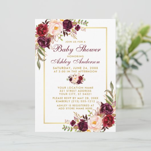 Waterverf Burgundy Floral Baby shower Gold Kaart (Staand voorkant)