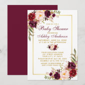 Waterverf Burgundy Floral Baby shower Gold Kaart (Voorkant / Achterkant)