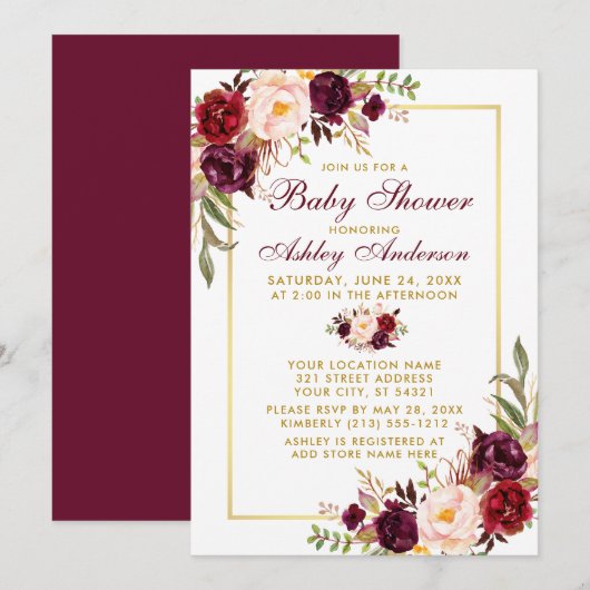 Waterverf Burgundy Floral Baby shower Gold Kaart (Voorkant / Achterkant)