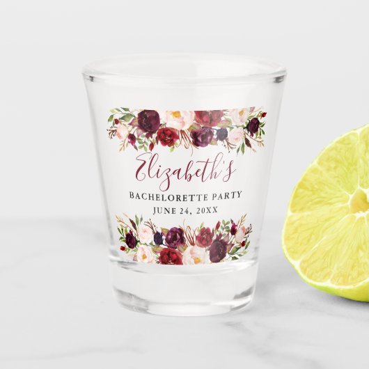 Waterverf Burgundy Floral Bachelorette Shot Glas (Voorkant)