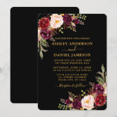 Waterverf Burgundy Floral Black en Gold Wedding Kaart (Voorkant / Achterkant)
