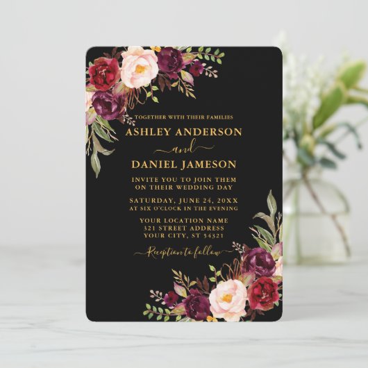 Waterverf Burgundy Floral Black en Gold Wedding Kaart (Staand voorkant)