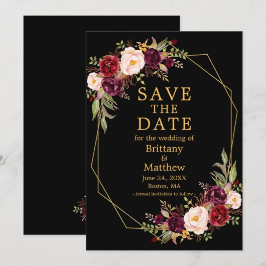 Waterverf Burgundy Floral Black Gold Geo Lijst Save The Date (Voorkant / Achterkant)