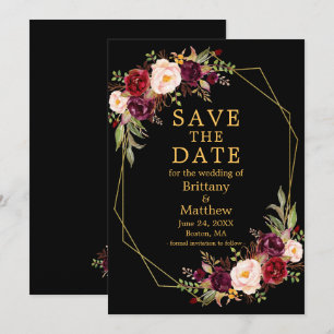 Waterverf Burgundy Floral Black Gold Geo Lijst Save The Date