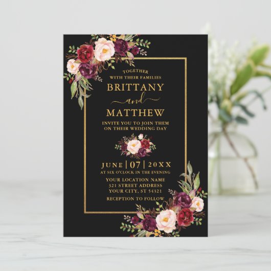 Waterverf Burgundy Floral Black Gold Kaart (Staand voorkant)