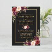 Waterverf Burgundy Floral Black Gold Wedding Kaart (Staand voorkant)