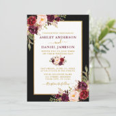 Waterverf Burgundy Floral Black Gold Wedding Kaart (Staand voorkant)