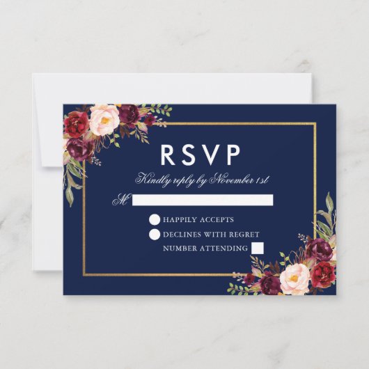 Waterverf Burgundy Floral Blue Gold RSVP (Voorkant)