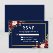 Waterverf Burgundy Floral Blue Gold RSVP (Voorkant / Achterkant)