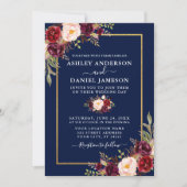 Waterverf Burgundy Floral Blue Gold Wedding Kaart (Voorkant)