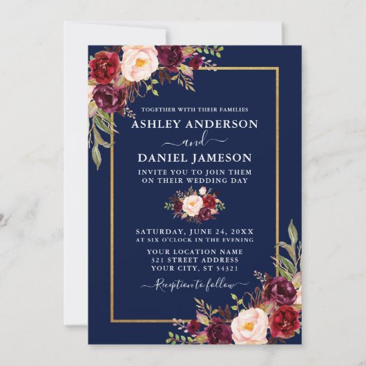 Waterverf Burgundy Floral Blue Gold Wedding Kaart (Voorkant)