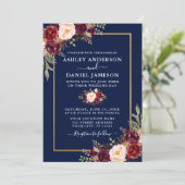 Waterverf Burgundy Floral Blue Gold Wedding Kaart (Staand voorkant)