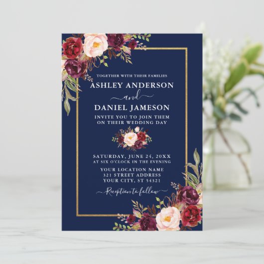 Waterverf Burgundy Floral Blue Gold Wedding Kaart (Staand voorkant)